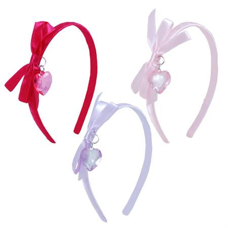 Satin Bow Headband w Dangle Heart